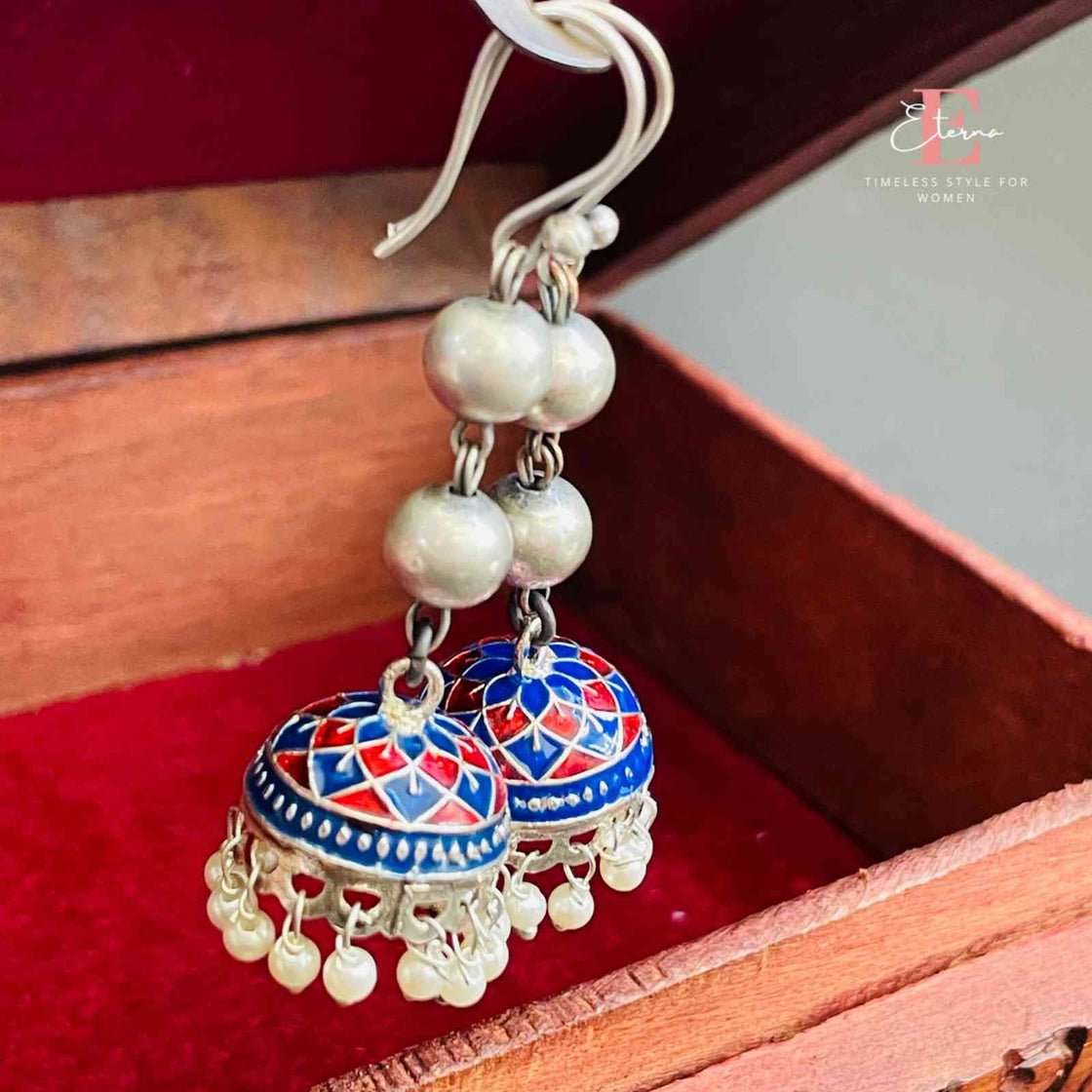 Blue Scarlet Enamel Dome Jhumkas