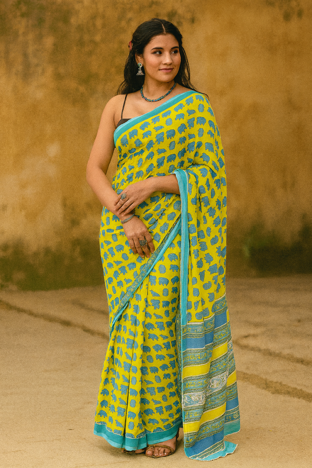 Eterna Aqua Lime Elephant Print Mul Cotton Saree