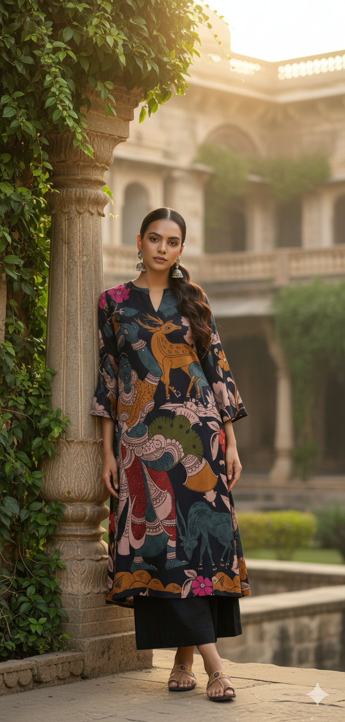 Eterna Artistic Black Kurti – Heritage Animal Motif Multicolour Print