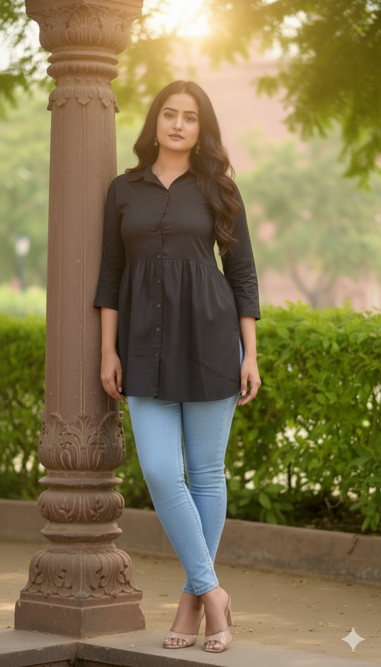 Eterna Black Classic Top – Gathered Shirt-Style Minimal Cotton Top