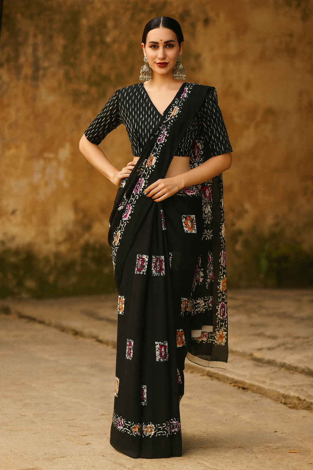 Eterna Black Heritage Blockprint Mul Saree