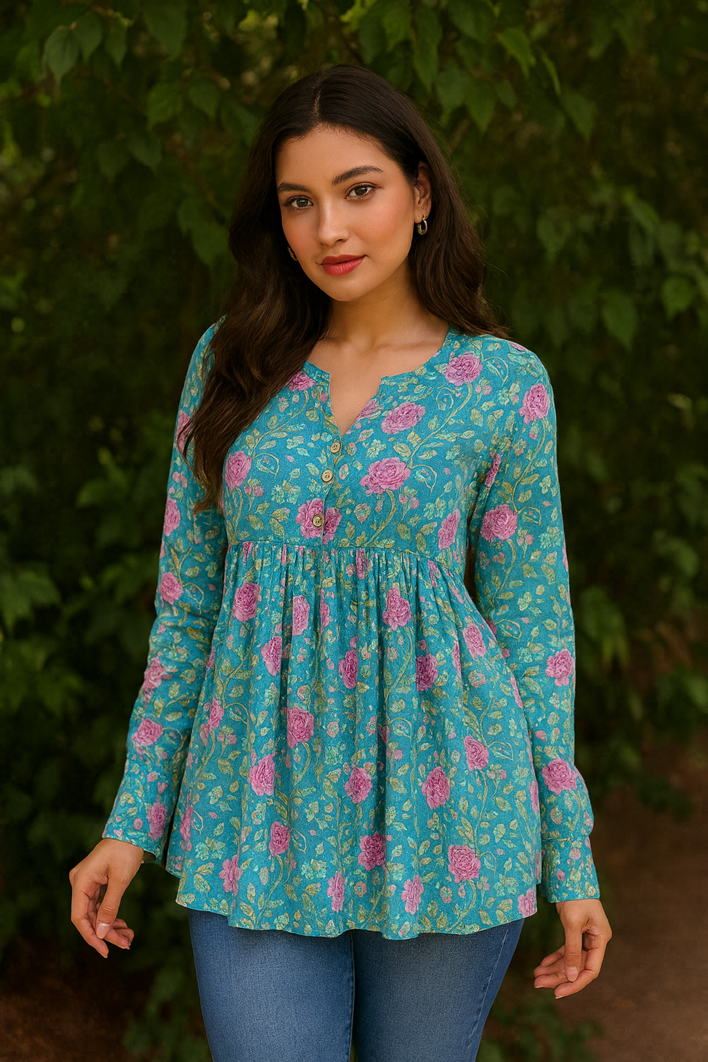 Eterna Blue Floral Top – Pink Block-Print Cotton Peplum Style