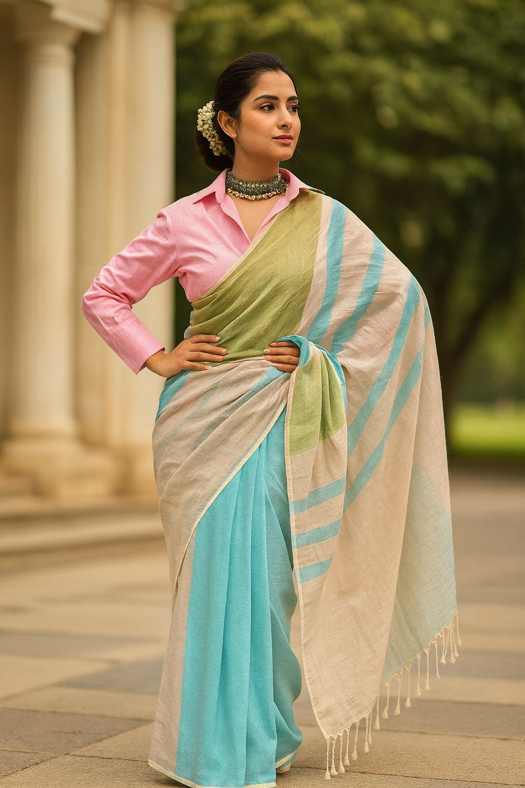 Eterna Breeze Meadow Handloom Saree – Aqua & Olive Pastel Stripe Elegance