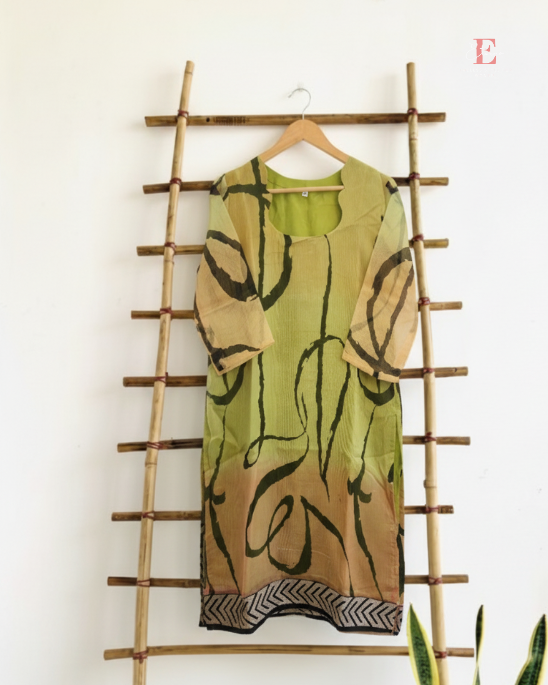 Eterna Contemporary Calligraphy Kurti – Fluorescent Green Light Orange Brushstroke Kurti