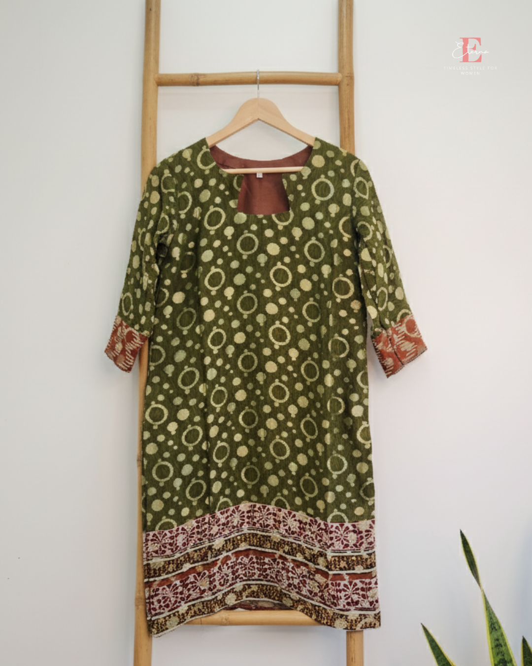 Eterna Ethnic printed pattern Kurti - Olive green Gold Printed Designer Kurti