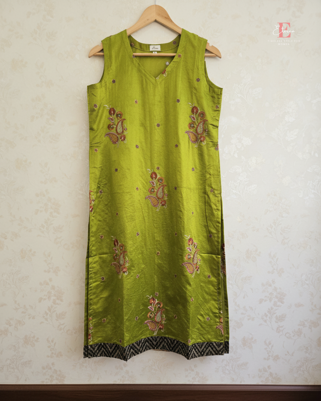 Eterna Festive Embroidery Kurti – Mehendi Green Paisley Motif Sleeveless Designer Kurti
