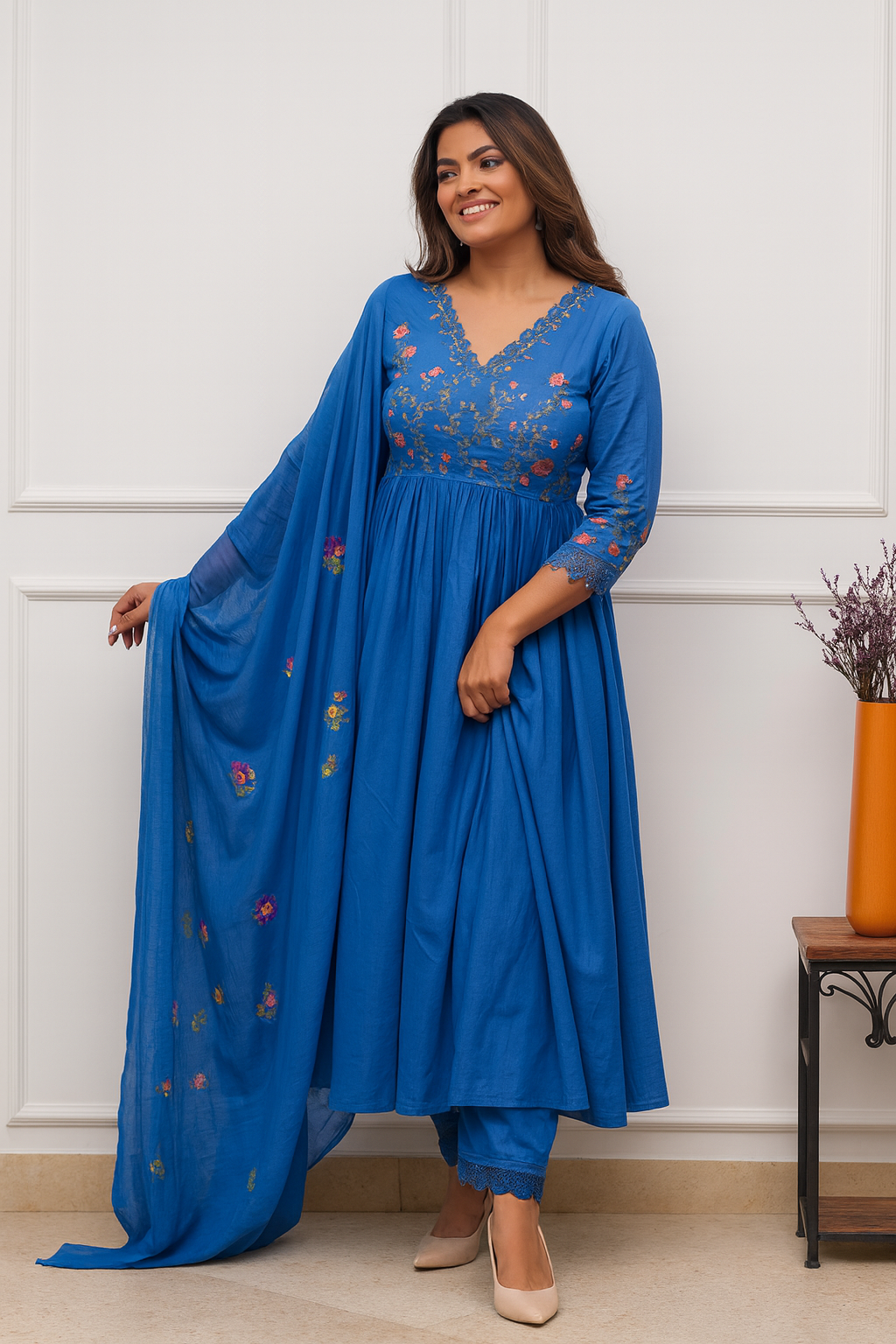 Eterna Floral Yoke Anarkali Set – Royal Blue Cotton Embroidered Three-Piece Set