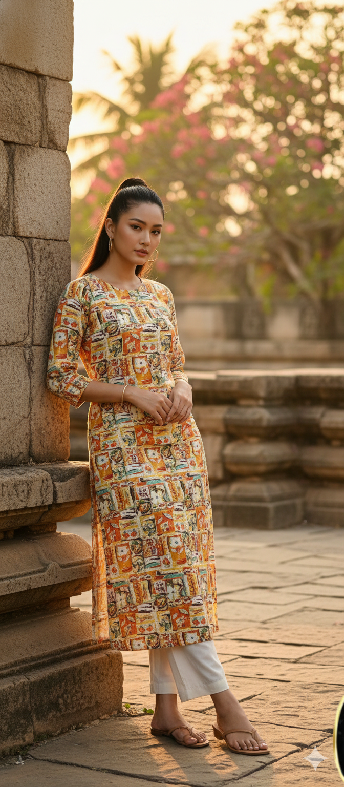 Eterna Folk Art Mustard Kurti – Multicolour Hand-Sketched Motif Print