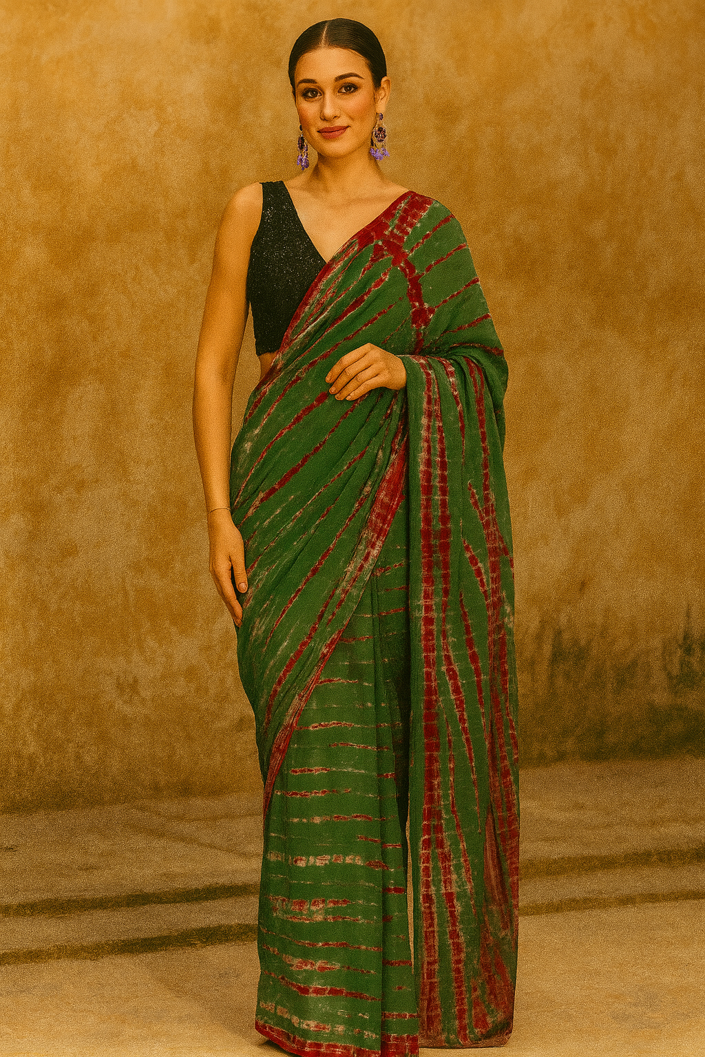 Eterna Forest Ruby Shibori Mul Cotton Saree – Green & Maroon Waves