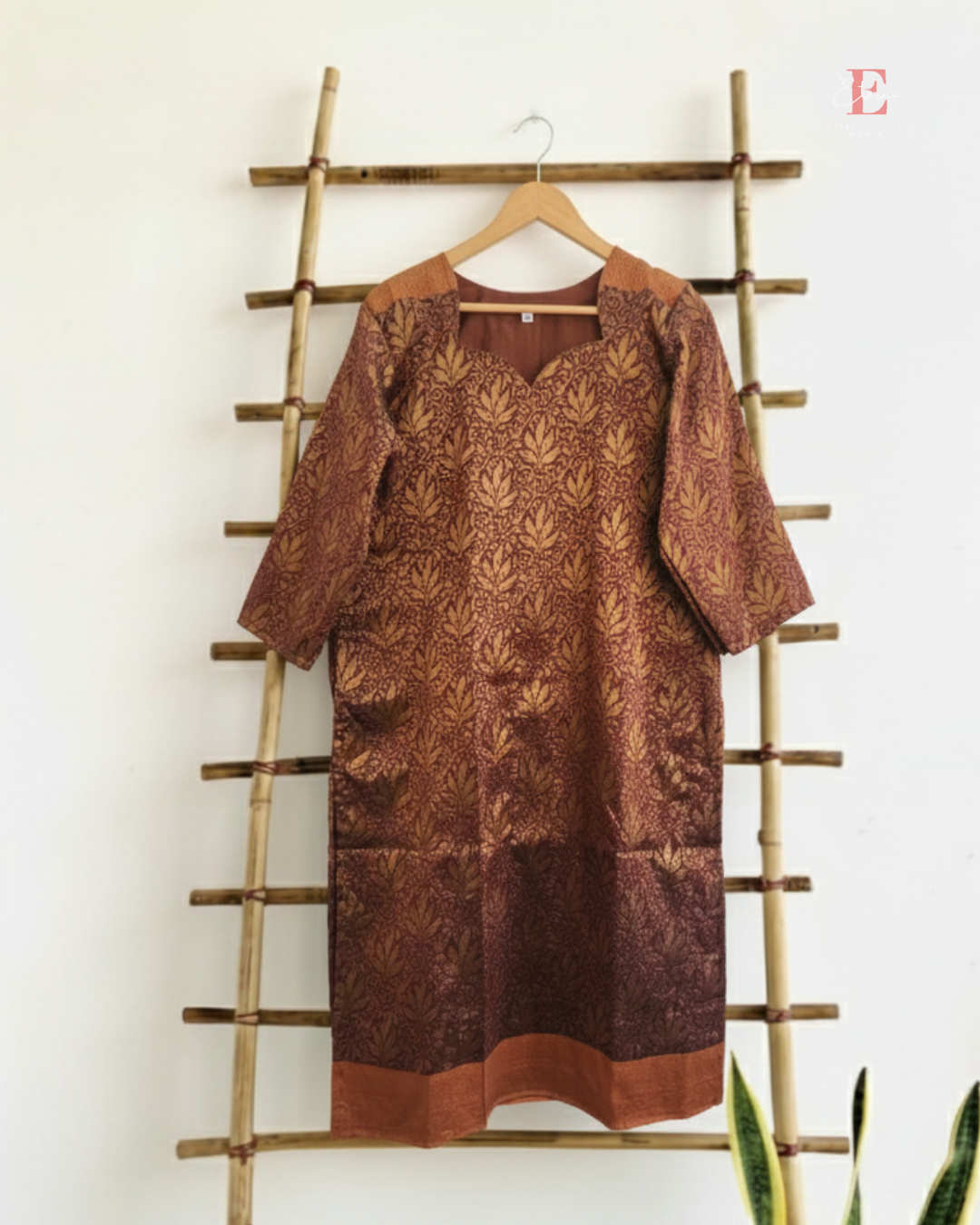 Eterna Heritage Leaf Motif Kurti – Maroon Rust Gold Woven Festive Designer Kurti