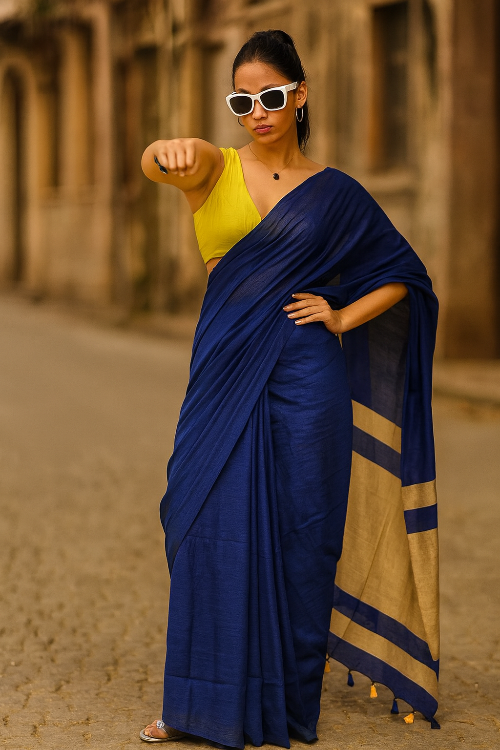 Eterna Indigo Classic Khadi Cotton Saree – Navy Blue & Beige Handloom Weave