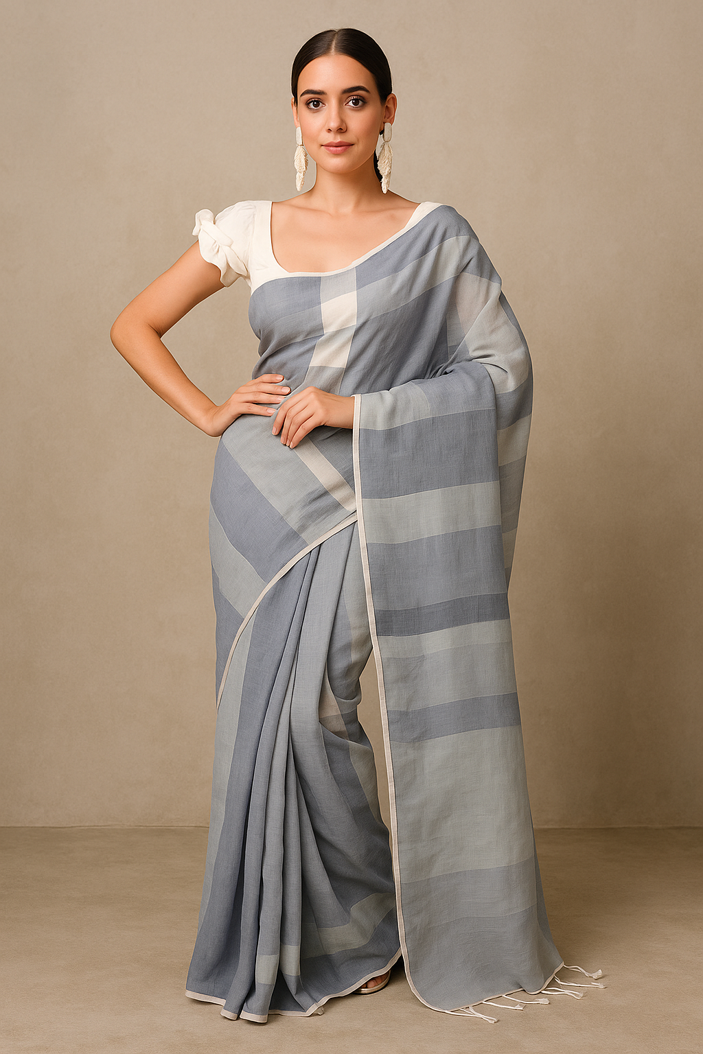 Eterna Mist Grey Handloom Saree – Soft Linen-Blend Striped Elegance