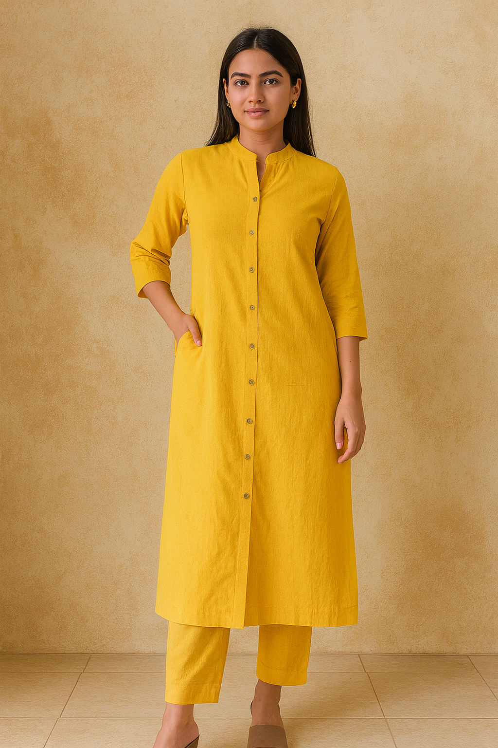 Eterna Mustard Yellow Minimal Kurta Set – Pure Cotton Button-Down Co-Ord Set