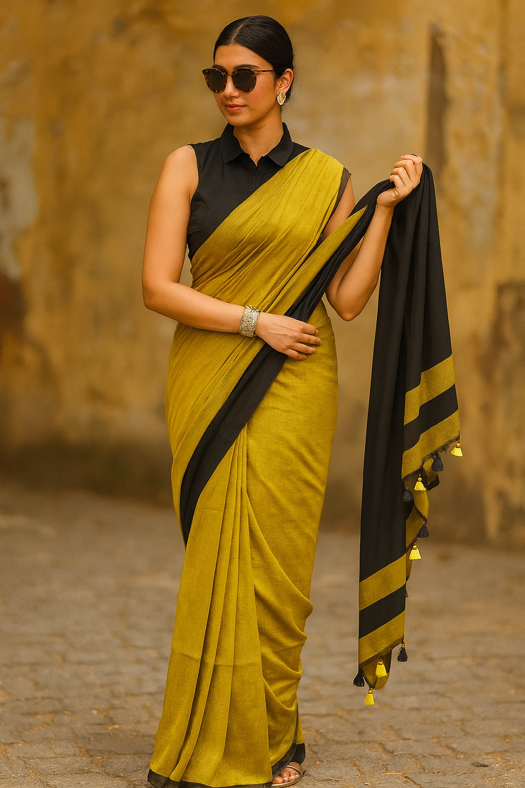 Eterna Noir Khadi Cotton Saree – Mustard Green & Black Handloom Elegance