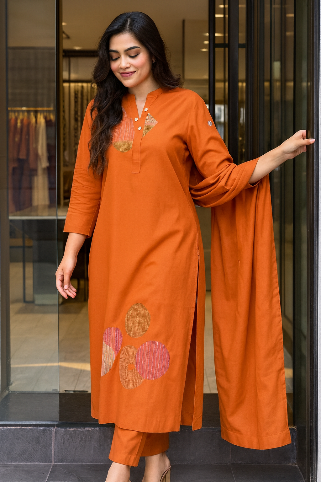 Eterna Orange Handloom Set – Pure Cotton Minimal Circle Motif Kurta Set