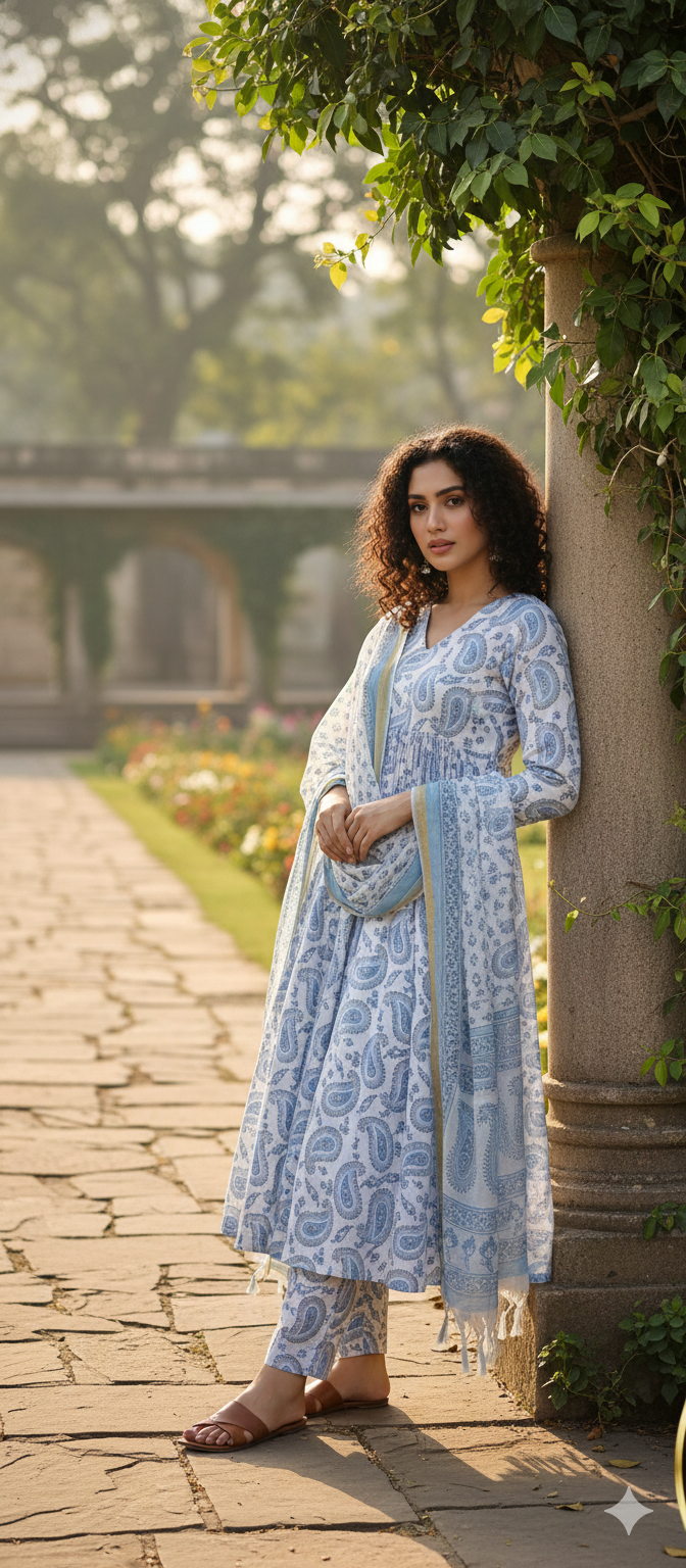 Eterna Powder Blue Paisley Anarkali Set – Soft Cotton Printed Kurta, Pant & Dupatta