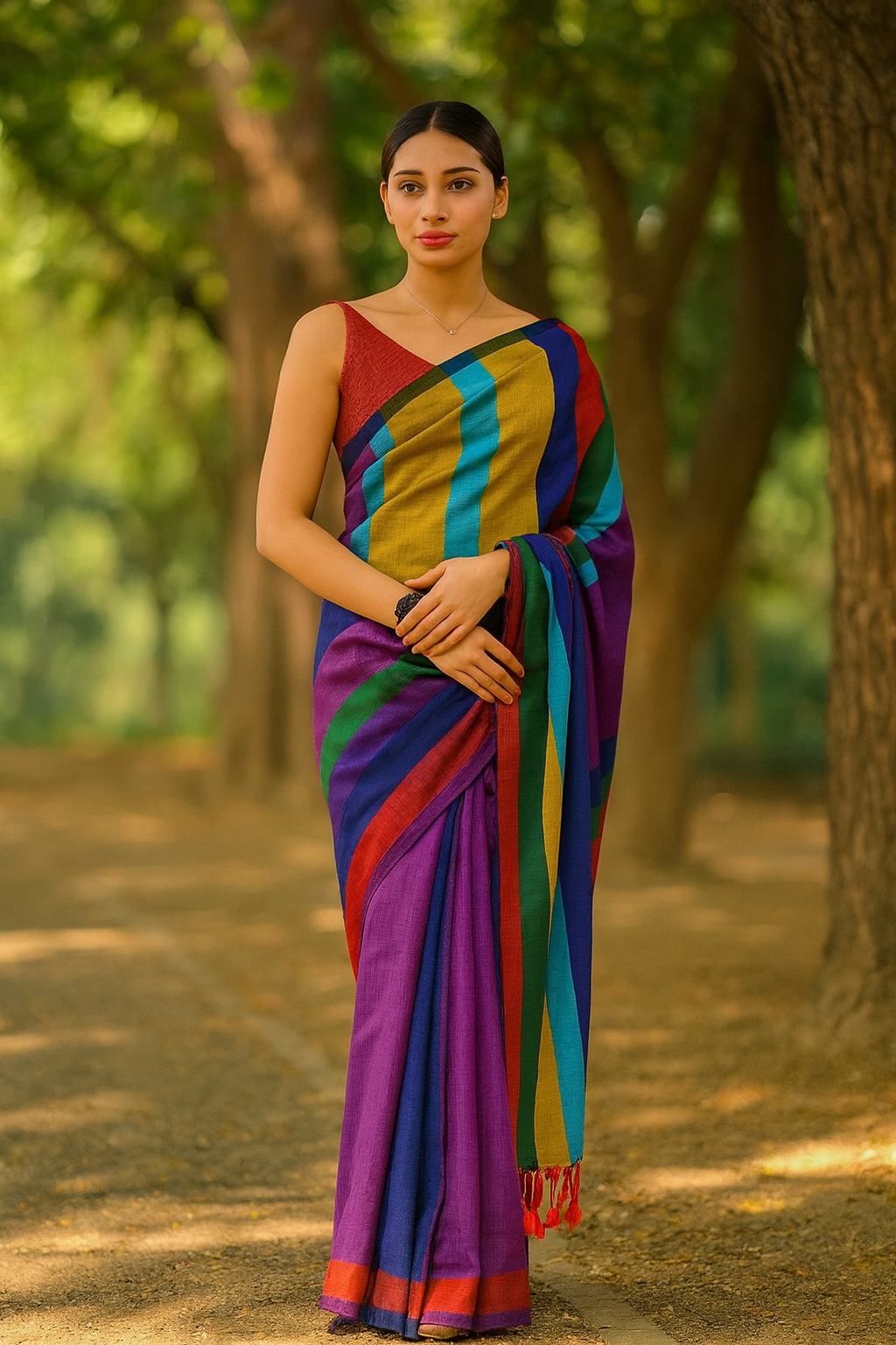Eterna Rainbow Handloom Saree – Multicolour Striped Khadi Cotton Elegance