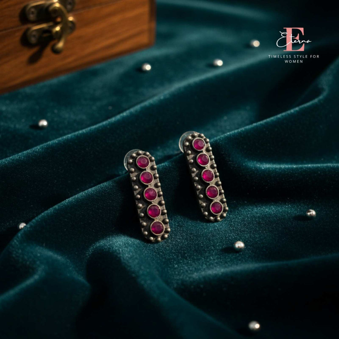 Eterna Ruby Row Oxidised Studs