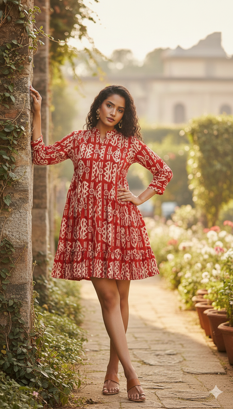 Eterna Rust Red Ikat Dress – Ethnic Motif Flared Tiered Dress