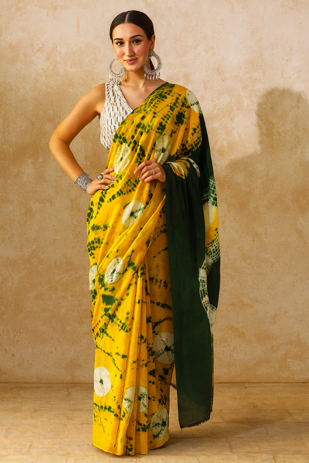 Eterna Sunshine Shibori Mul Cotton Saree – Yellow & Deep Green