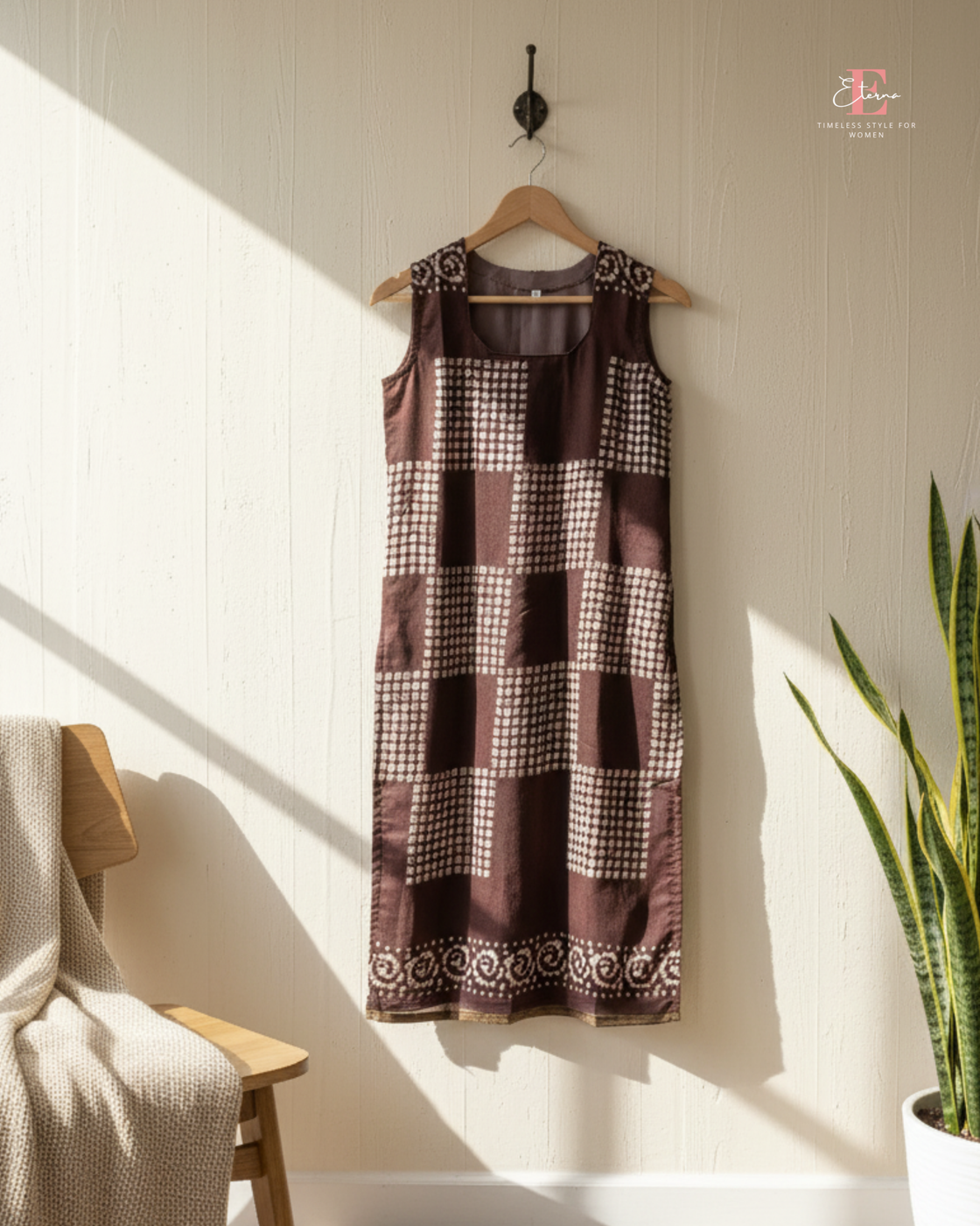 Eterna Urban Grid Kurti – Brown White Geometric Pattern Printed Sleeveless Kurti