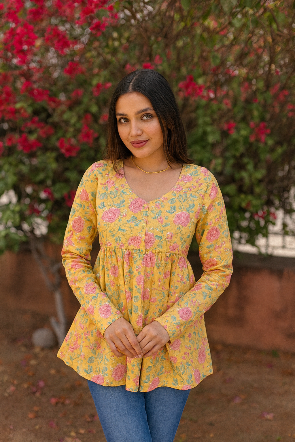 Eterna Yellow Blossom Top – Pink Floral Printed Cotton Long-Sleeve Top