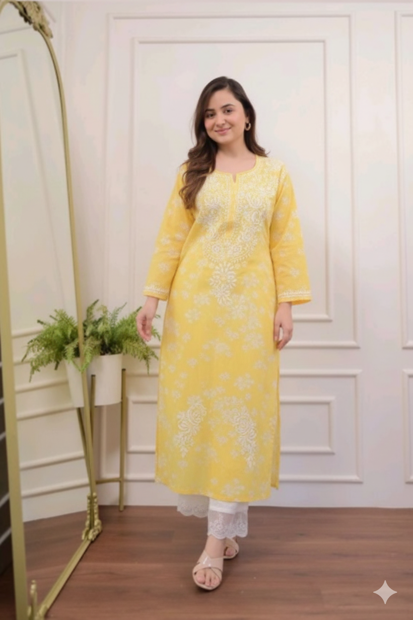 Eterna Yellow Noor Kurta Set – Chikankari Embroidered Cotton Wear